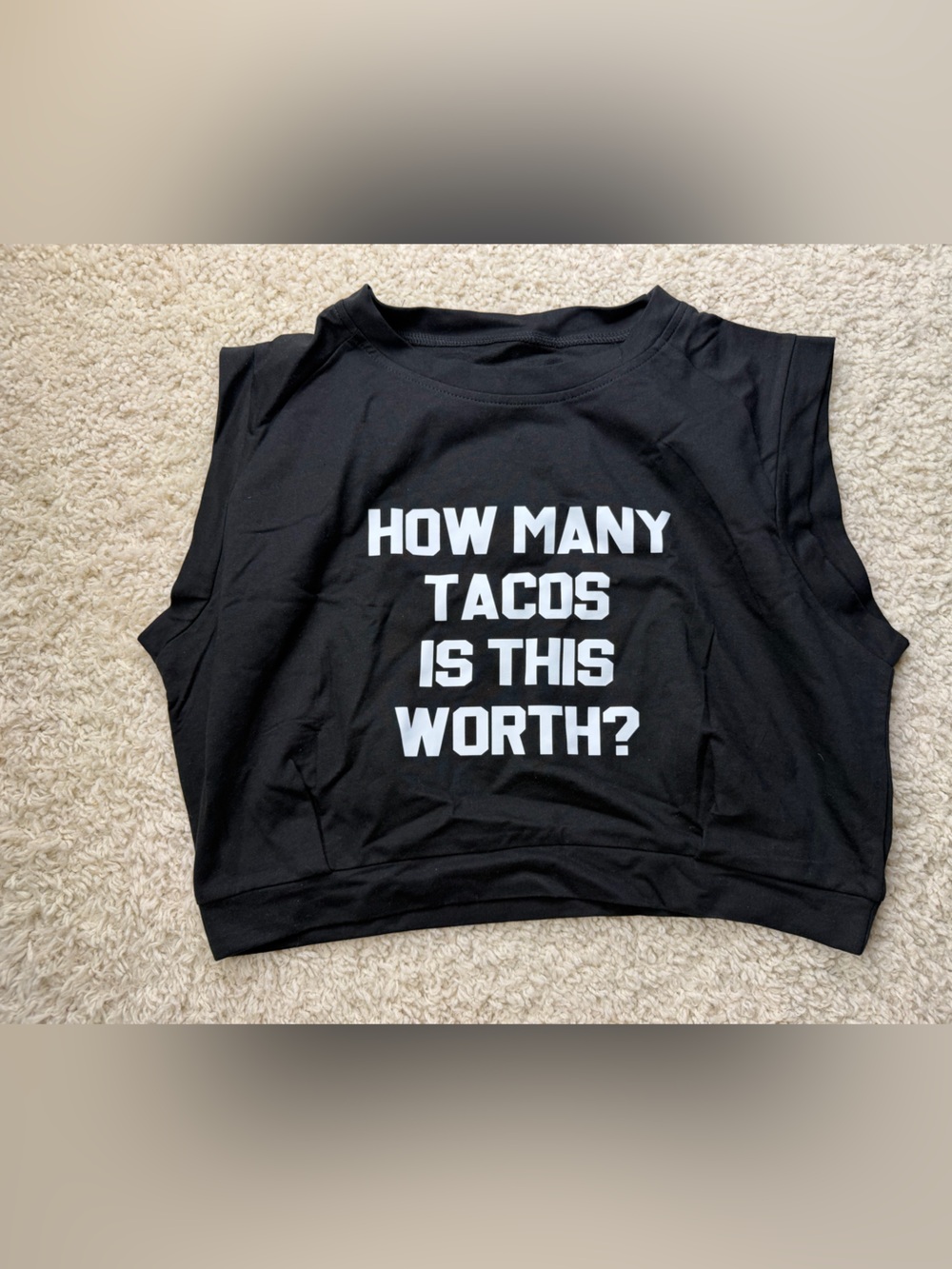 Graphic Black Crop Tank Top - 'How Many Tacos Is This Worth?'